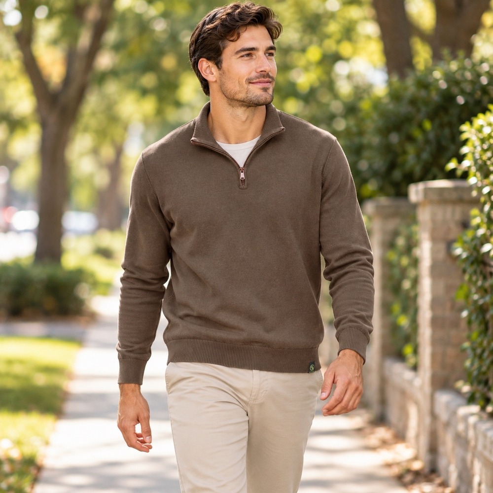 Aigle Mens Quarter Zip Pullover Sweater Brown Elbow Patch Long Sleeve